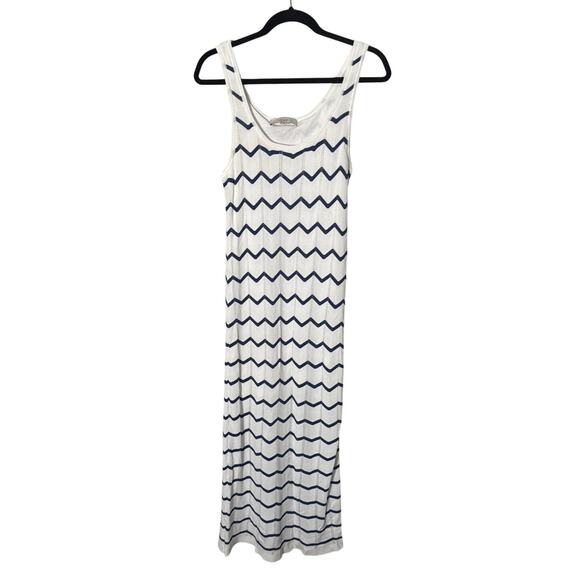 LOFT Chevron Open Stitch Pointelle Knit Sleeveless Maxi Dress White Navy Size M - Picture 3 of 9